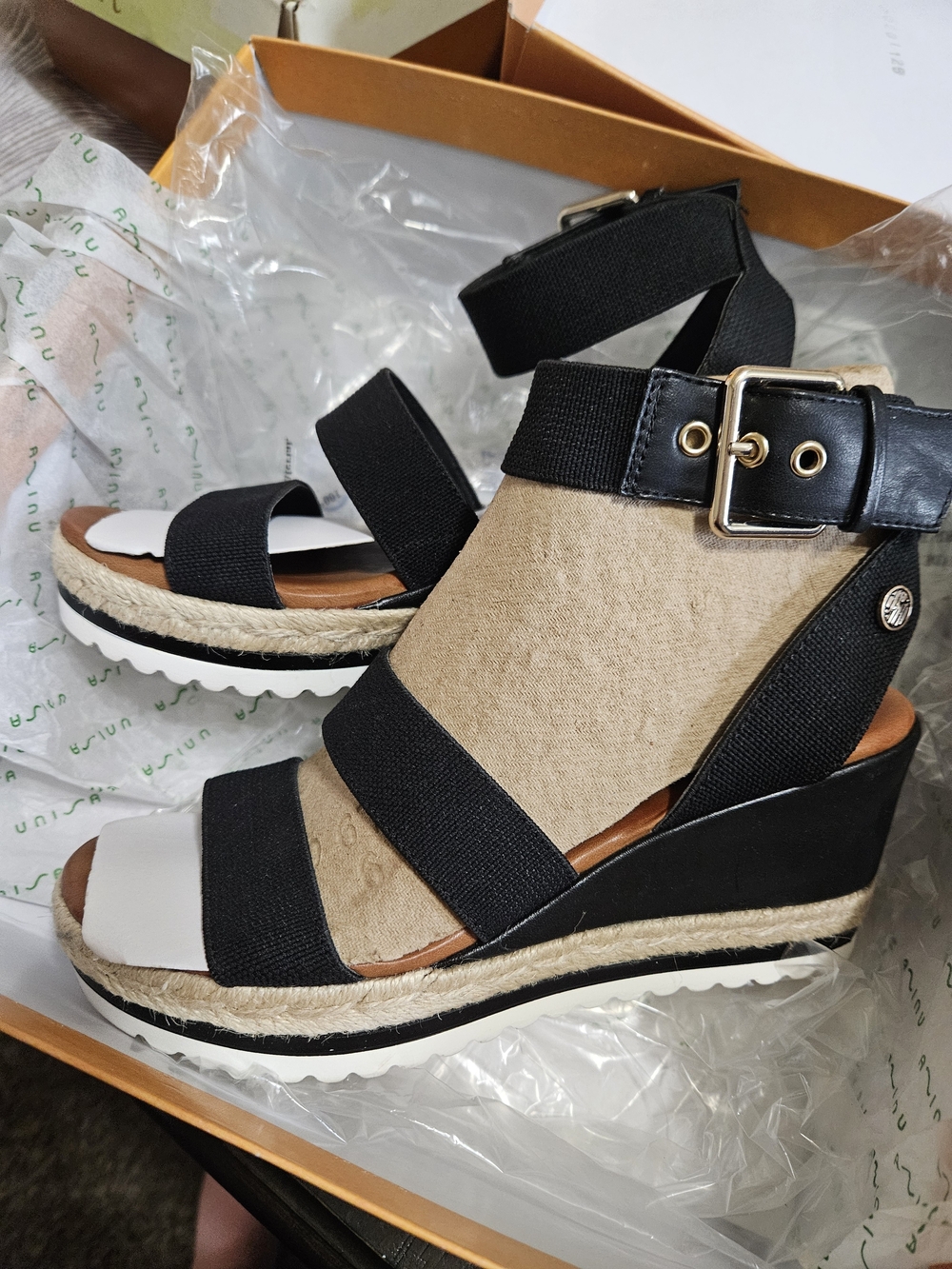 Unisa Black and Beige Espadrille Platform Wedge Sandals with Buckle